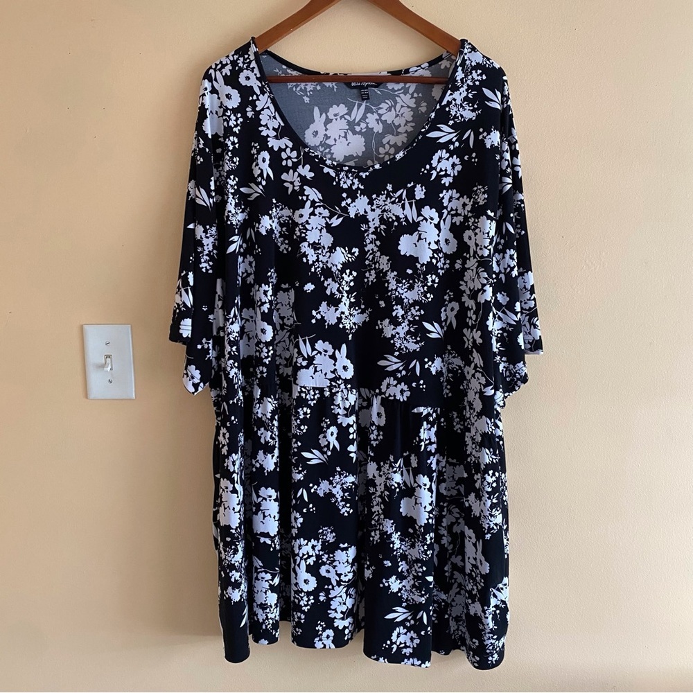 Ulla Popken Black White Floral Tunic Top Babydoll Pockets Plus Size 36/38 - Picture 12 of 12